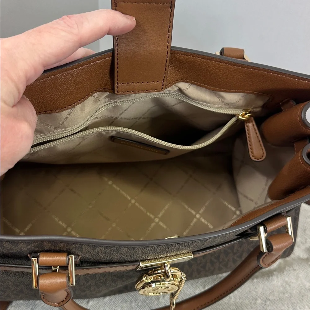 MICHAEL KORS Hamilton Medium Logo Satchel Purse Handbag Brown Gold NEW